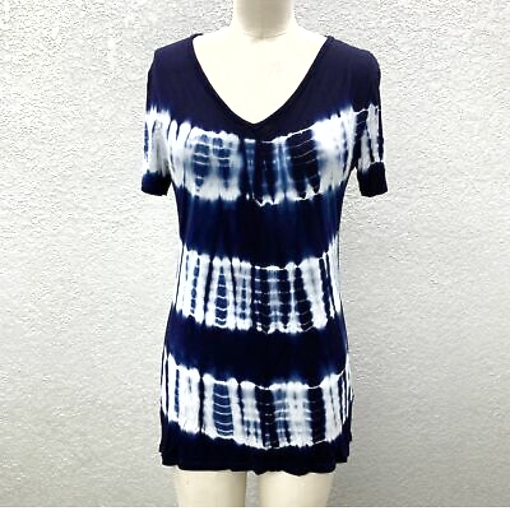 TRYST Tee Tunic Top Blouse Blue & White Tie Dye Short Sleeve Casual L